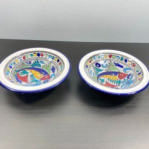 Vintage Handmade Bowl, Handpainted Multicolor with Fish, Pottery Decorative Plat